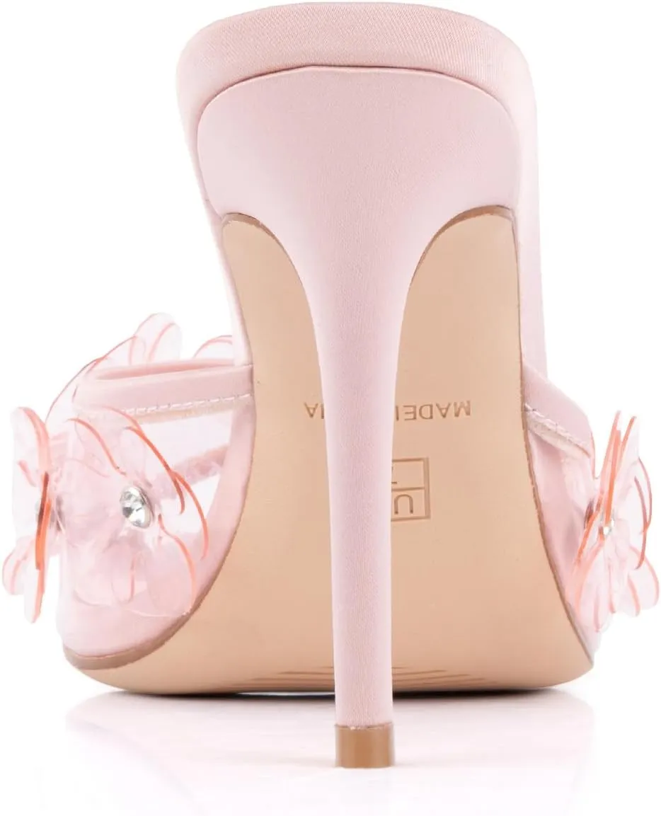 Womens Clear Round Toe Heels Stiletto Sandals Pink Strap High Heeled Mules Cute Crystal Flower Slip on Slippers for Women White Wedding Slides Summer Shoes