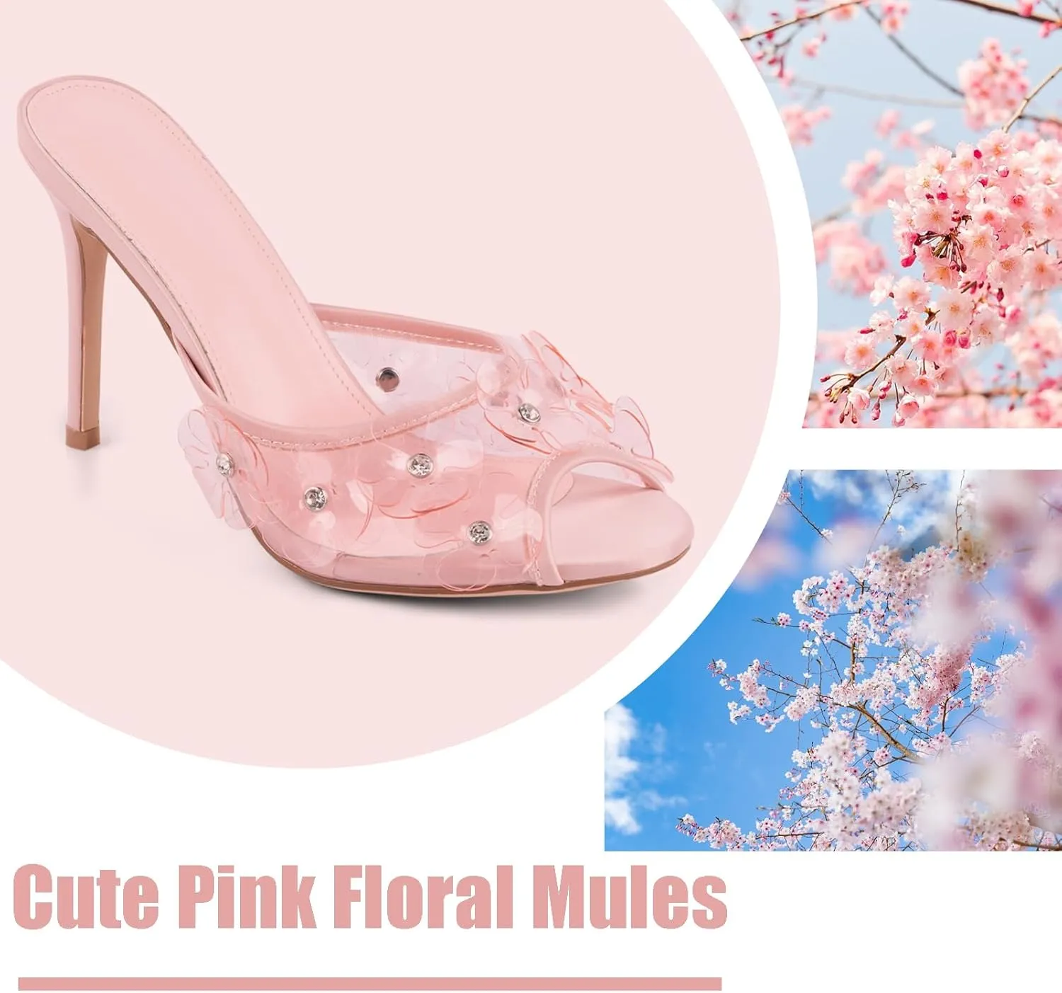 Womens Clear Round Toe Heels Stiletto Sandals Pink Strap High Heeled Mules Cute Crystal Flower Slip on Slippers for Women White Wedding Slides Summer Shoes
