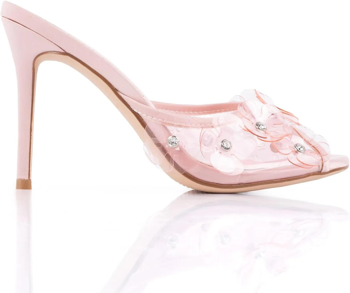 Womens Clear Round Toe Heels Stiletto Sandals Pink Strap High Heeled Mules Cute Crystal Flower Slip on Slippers for Women White Wedding Slides Summer Shoes