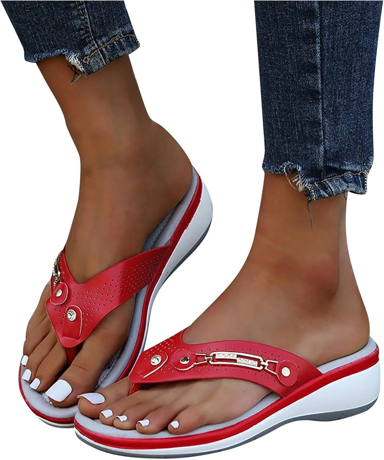 Womens Comfortable Flip Flops Cushion Arch Support Beach Sandal Low Wedge Thong Sandals Walking Lightweight Non-Slip Slippers