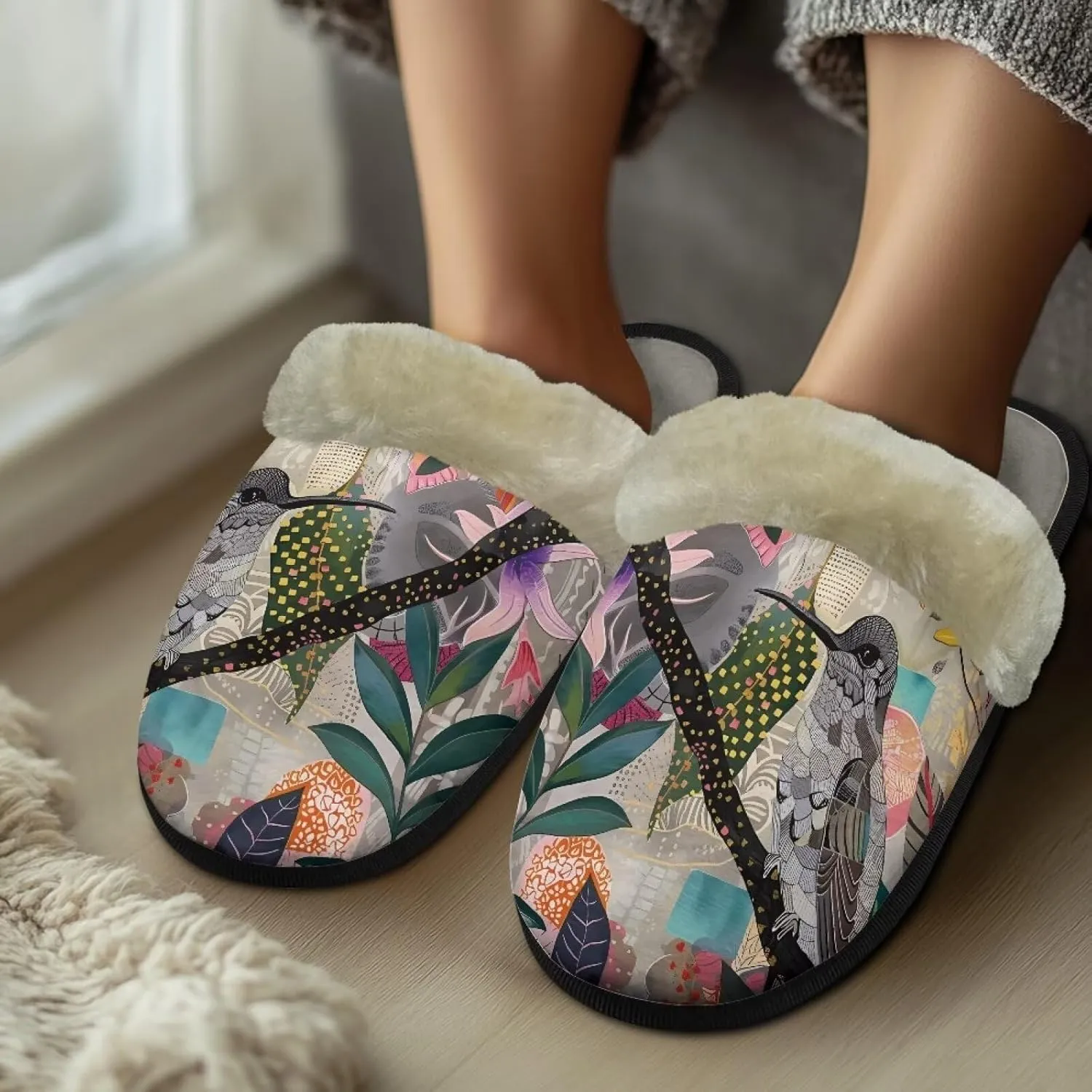 Women's Cotton Slipper Warm Furry Bedroom House Slipper Soft Fluffy Collar Winter Non-Slip House Outdoor Slipper for Ladies XS-XL