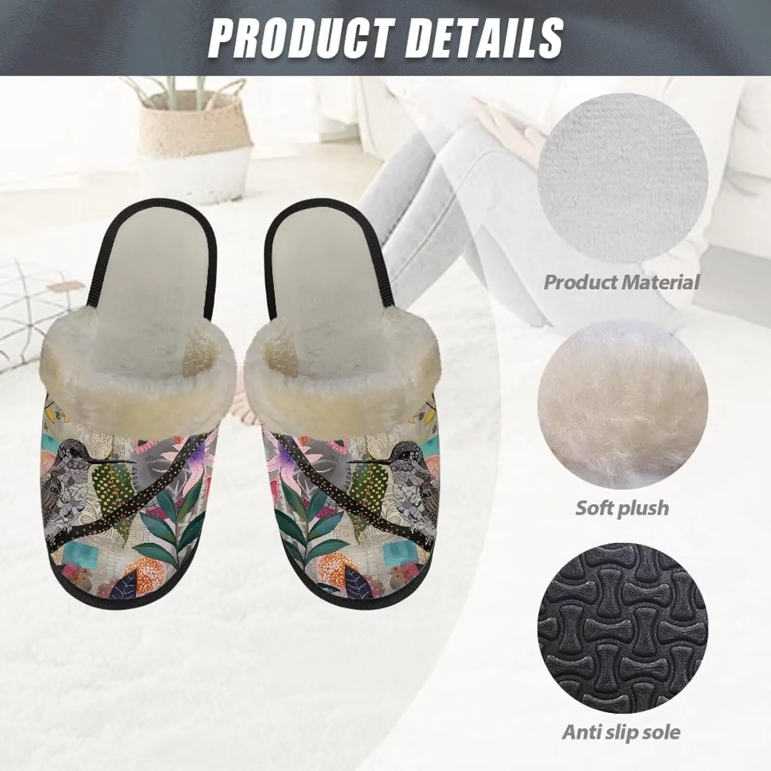 Women's Cotton Slipper Warm Furry Bedroom House Slipper Soft Fluffy Collar Winter Non-Slip House Outdoor Slipper for Ladies XS-XL