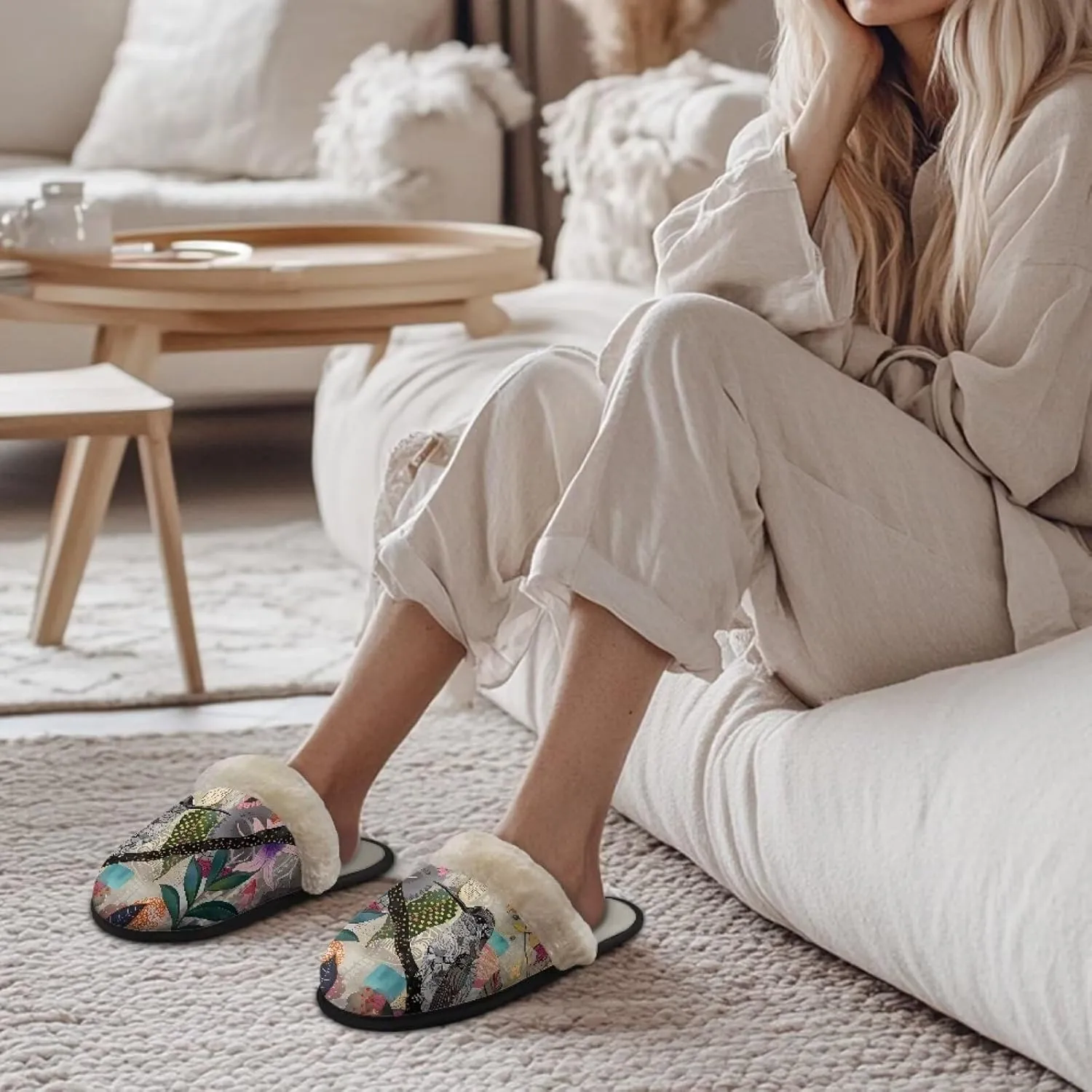 Women's Cotton Slipper Warm Furry Bedroom House Slipper Soft Fluffy Collar Winter Non-Slip House Outdoor Slipper for Ladies XS-XL
