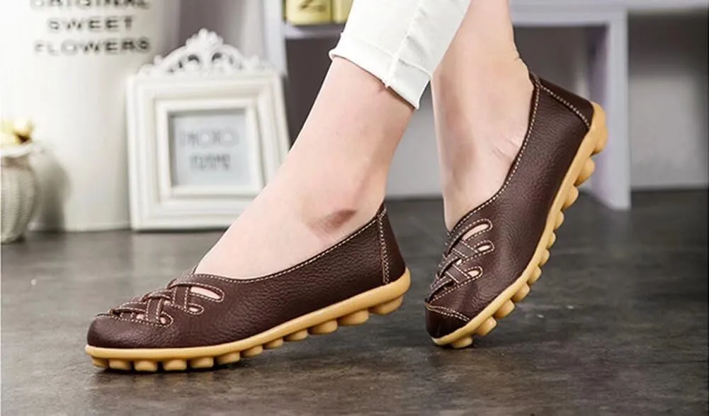 Women's Cowhide Leather Loafers Flats Sandals Slip-On