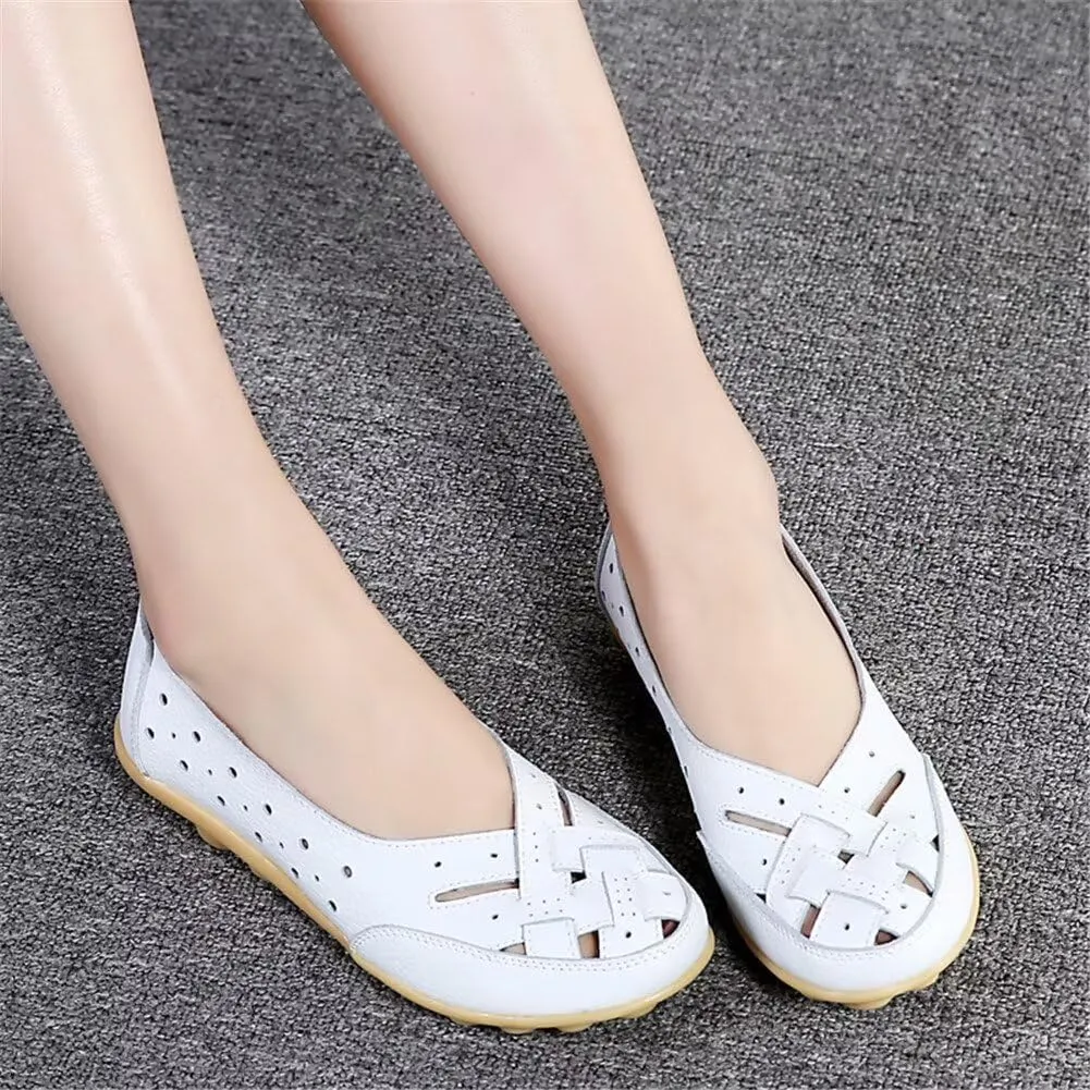 Women's Cowhide Leather Shoes Loafers Flats Sandals Slip-On Cutout