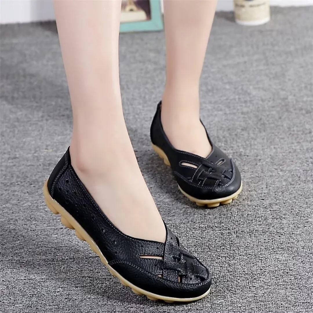 Women's Cowhide Leather Shoes Loafers Flats Sandals Slip-On Cutout