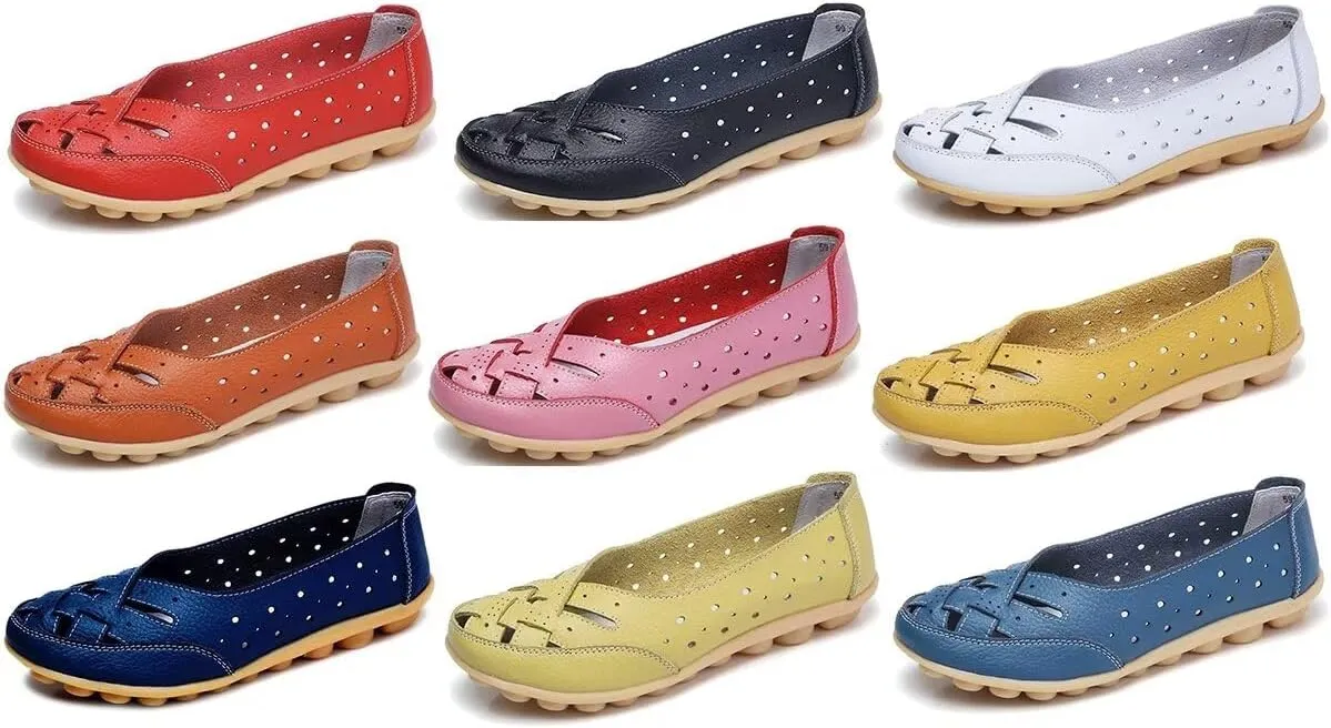 Women's Cowhide Leather Shoes Loafers Flats Sandals Slip-On Cutout