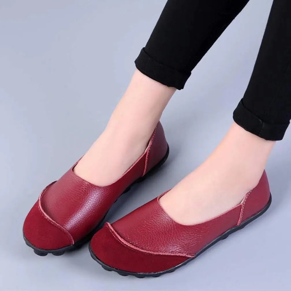 Women's Cowhide Leather Slip-On Moccasins Shoes Flat Slipper Loafers