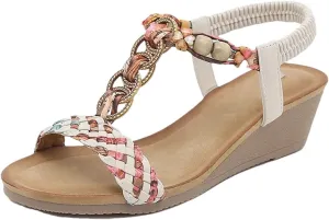 Womens Elastic Band Back Strap Wedge Heel Open Side Vamp Modern Sandals PU Upper Beach Summer Sandals