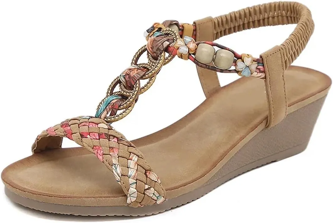 Womens Elastic Band Back Strap Wedge Heel Open Side Vamp Modern Sandals PU Upper Beach Summer Sandals