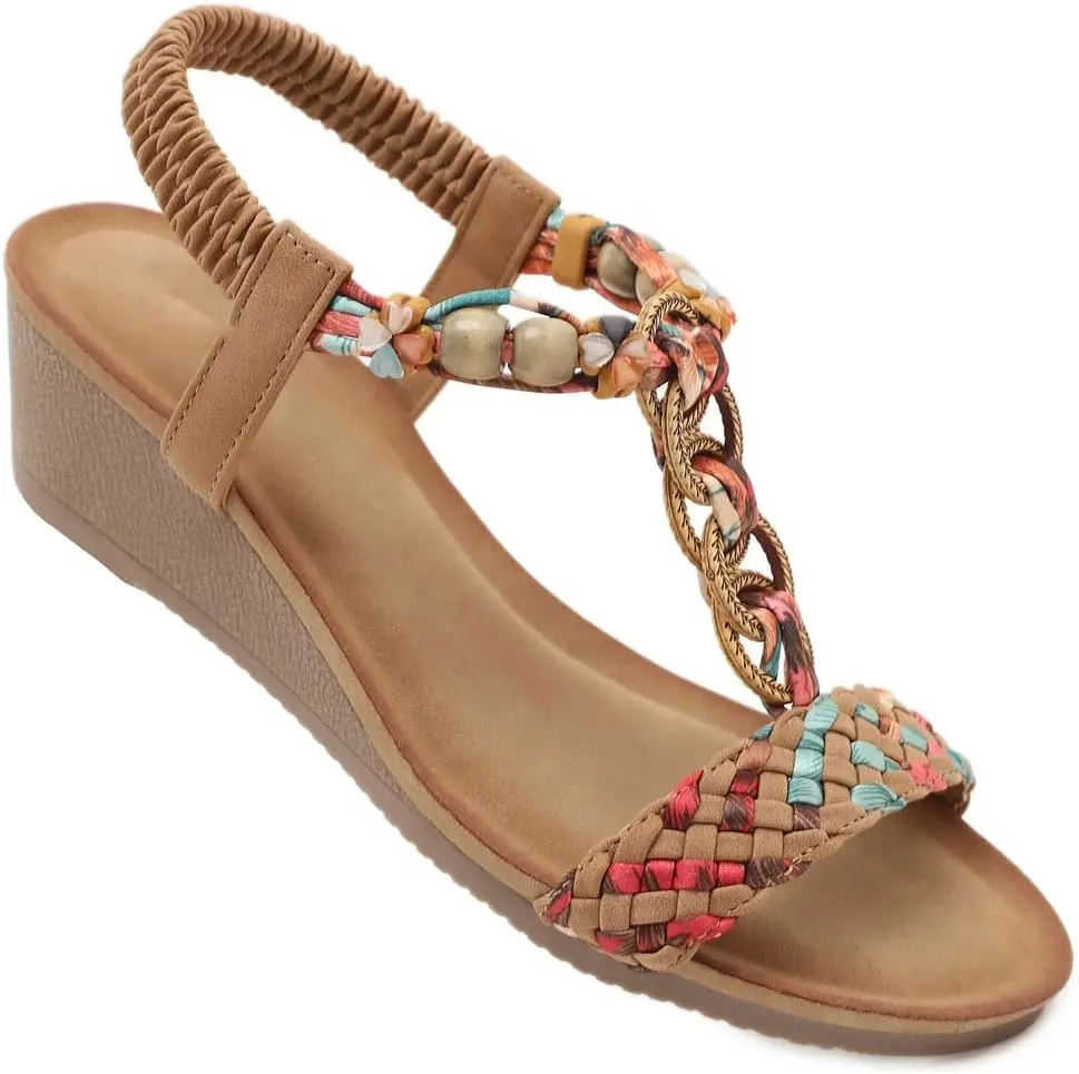 Womens Elastic Band Back Strap Wedge Heel Open Side Vamp Modern Sandals PU Upper Beach Summer Sandals