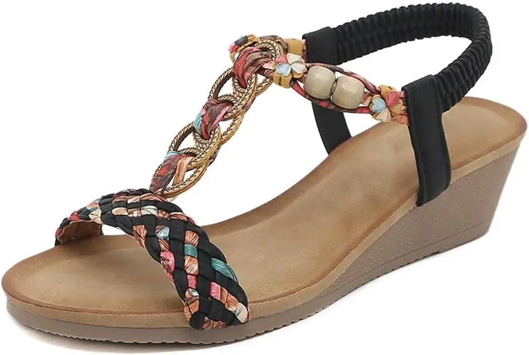 Womens Elastic Band Back Strap Wedge Heel Open Side Vamp Modern Sandals PU Upper Beach Summer Sandals