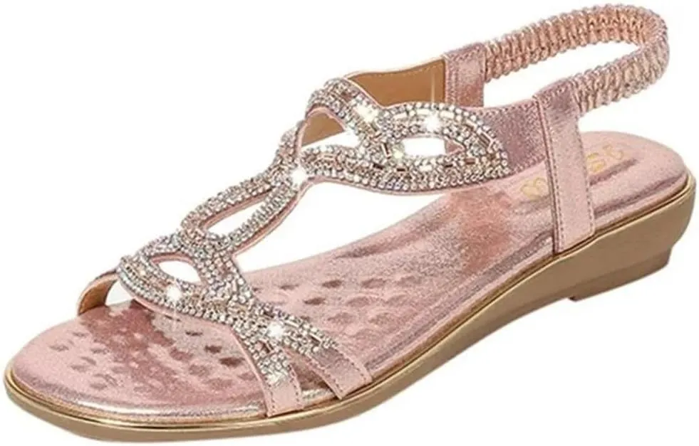 Womens Elastic Band Front Rear Strap Wedge Heel Open Side Vamp Basic Sandals PU Upper Rhinestone Bohemian Summer Sandals