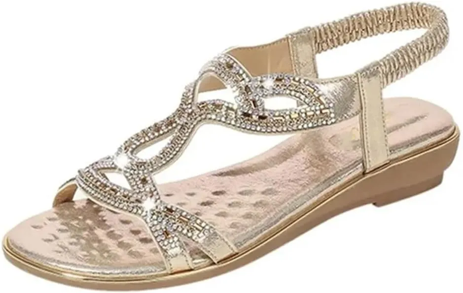 Womens Elastic Band Front Rear Strap Wedge Heel Open Side Vamp Basic Sandals PU Upper Rhinestone Bohemian Summer Sandals