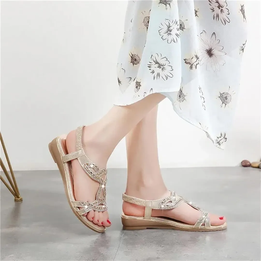 Womens Elastic Band Front Rear Strap Wedge Heel Open Side Vamp Basic Sandals PU Upper Rhinestone Bohemian Summer Sandals