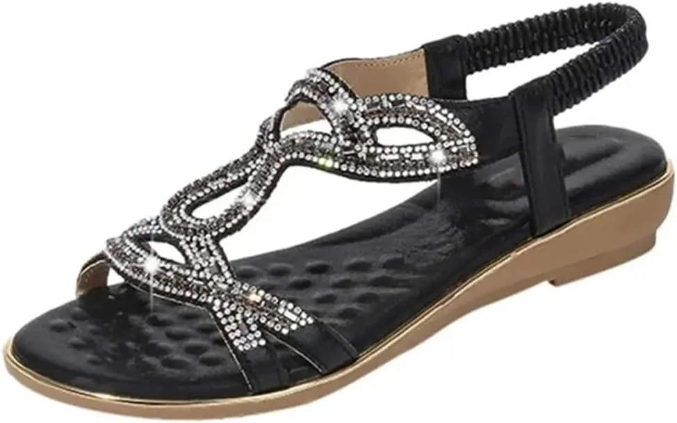 Womens Elastic Band Front Rear Strap Wedge Heel Open Side Vamp Basic Sandals PU Upper Rhinestone Bohemian Summer Sandals