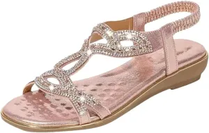Womens Elastic Band Front Rear Strap Wedge Heel Open Side Vamp Basic Sandals PU Upper Rhinestone Bohemian Summer Sandals