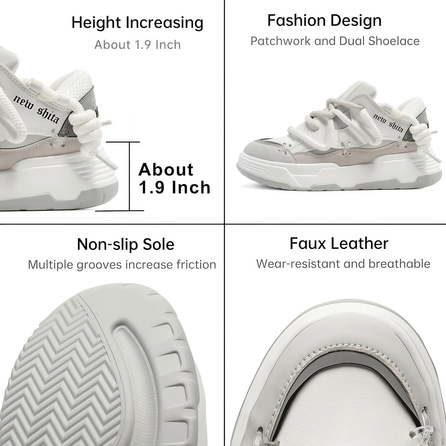 Women’s Faux Leather Fashion Platform Chunky Sneakers Lightweight Breathable Height Increasing Unisex Casual Walking Tennis Running Shoes