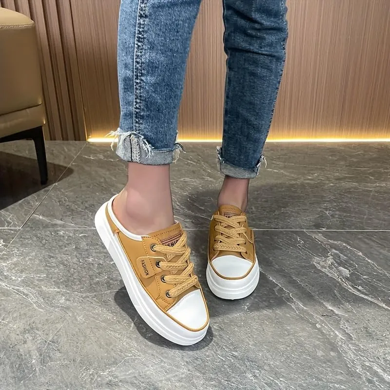 Women's Flat Mule Sneakers, Slip On Backless Casual Lazy Shoes, Half Closed Toe Breathable Walking Daily Footwear