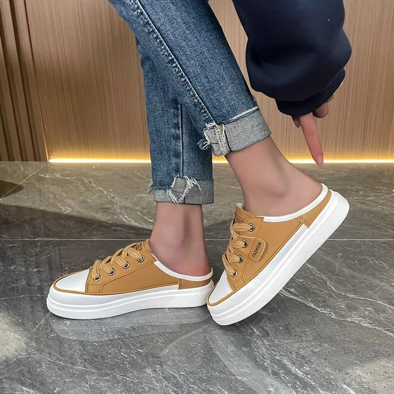 Women's Flat Mule Sneakers, Slip On Backless Casual Lazy Shoes, Half Closed Toe Breathable Walking Daily Footwear