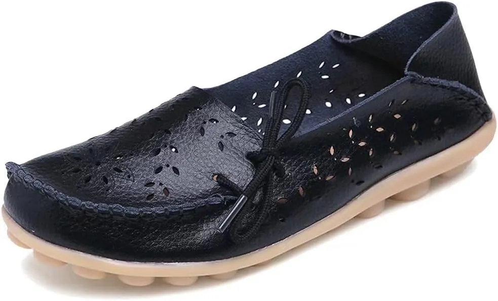 Women's Floral Leather Slip-On Shoes Flat Slipper Walking Loafers