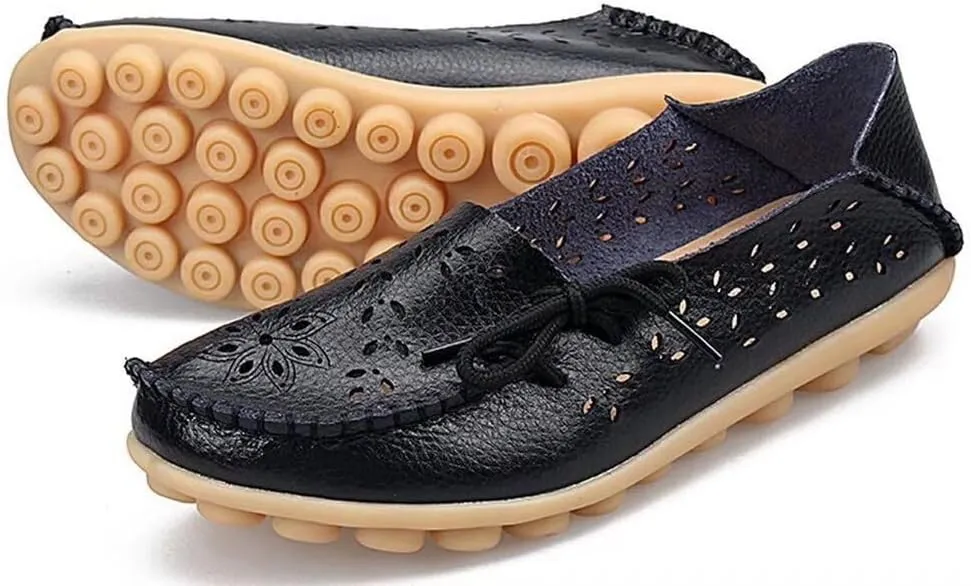 Women's Floral Leather Slip-On Shoes Flat Slipper Walking Loafers