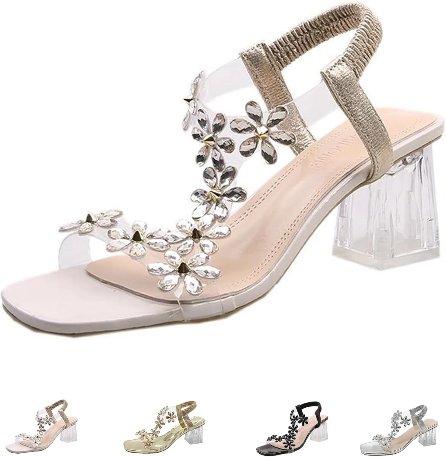 Women's Flower Rhinestone Block Heel Sandals, Womens Flower Rhinestone Block Heel Sandals, Crystal Chunky Square Toe High Heel