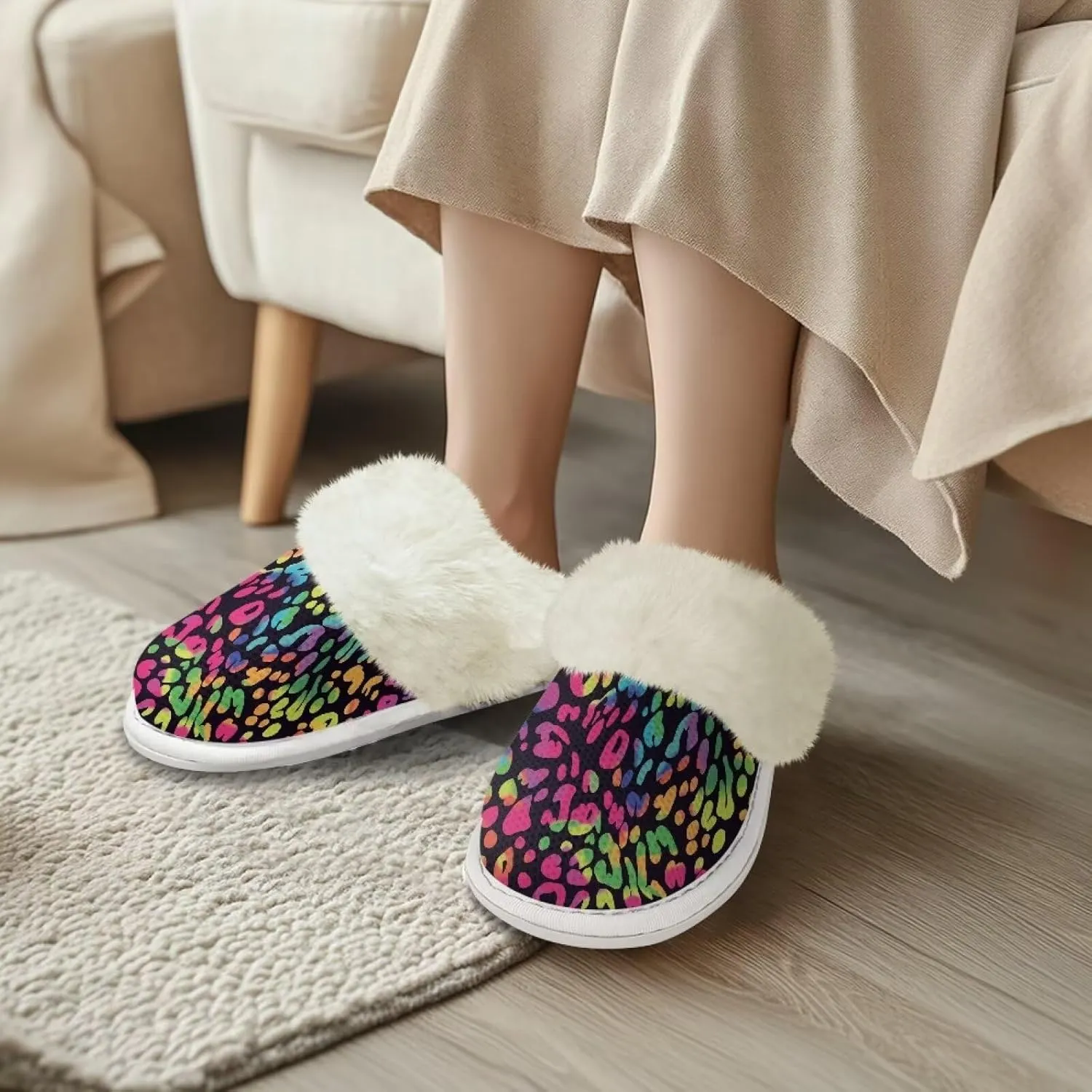 Women's Fuzzy Slippers Casual Slip On Soft Plush House Shoes with Non Skid Sole Comfortable Cotton Slipper Indoor Use for Spa Bath