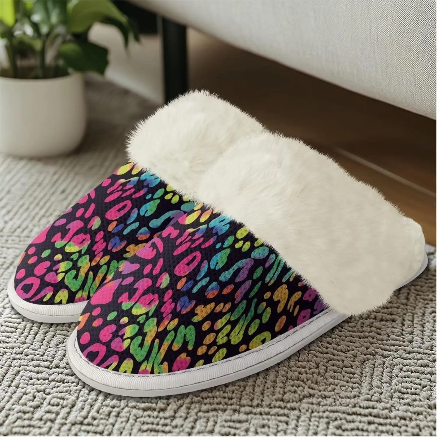 Women's Fuzzy Slippers Casual Slip On Soft Plush House Shoes with Non Skid Sole Comfortable Cotton Slipper Indoor Use for Spa Bath