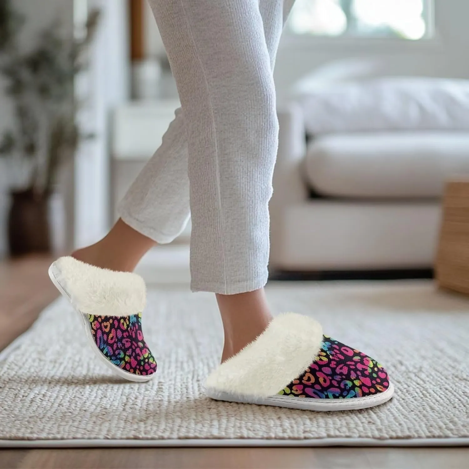 Women's Fuzzy Slippers Casual Slip On Soft Plush House Shoes with Non Skid Sole Comfortable Cotton Slipper Indoor Use for Spa Bath