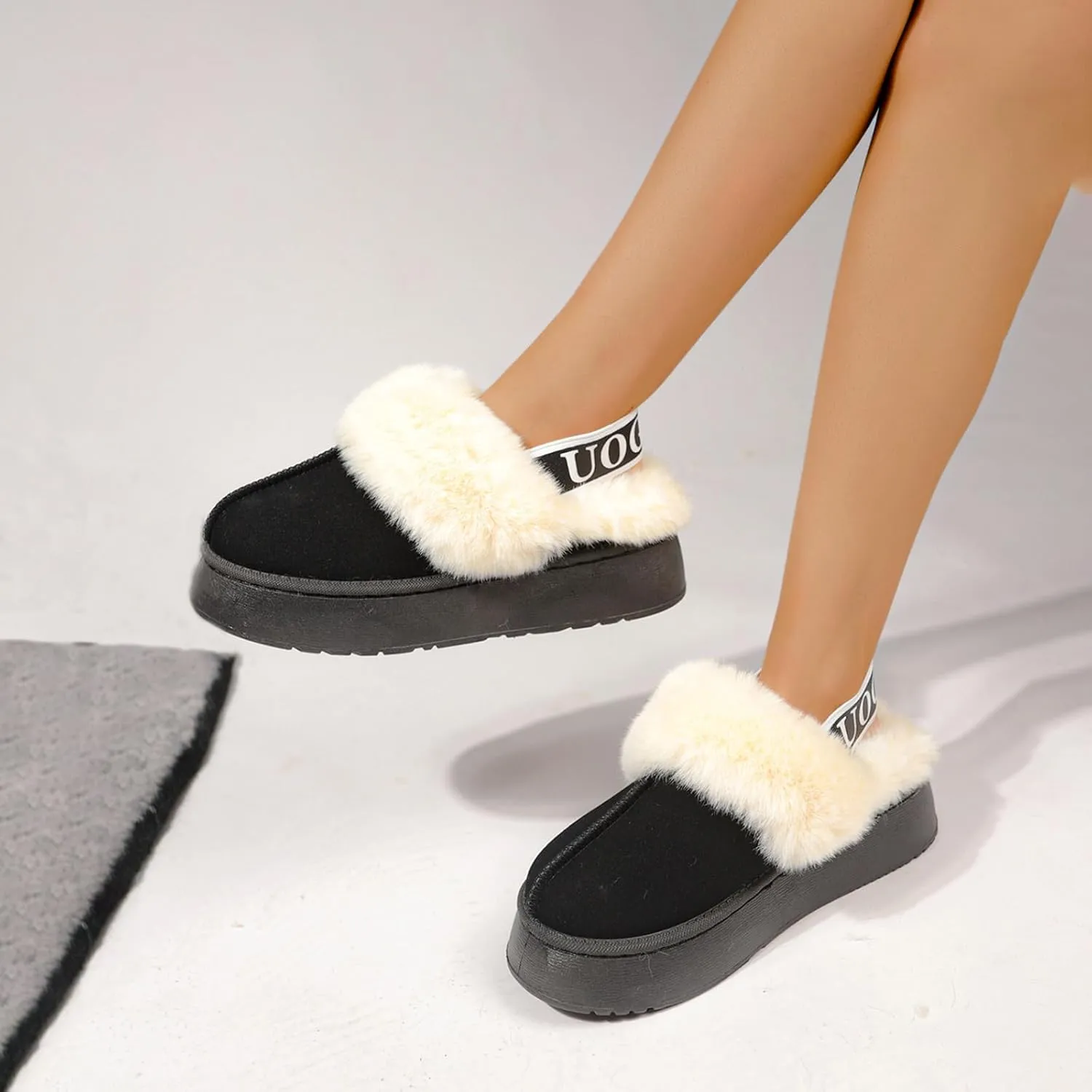 Women's Fuzzy Slippers Plush Lining Platform Slipper Slip on Fluffy Boots with Elastic Band Winter House Shoes Indoor and Outdoor