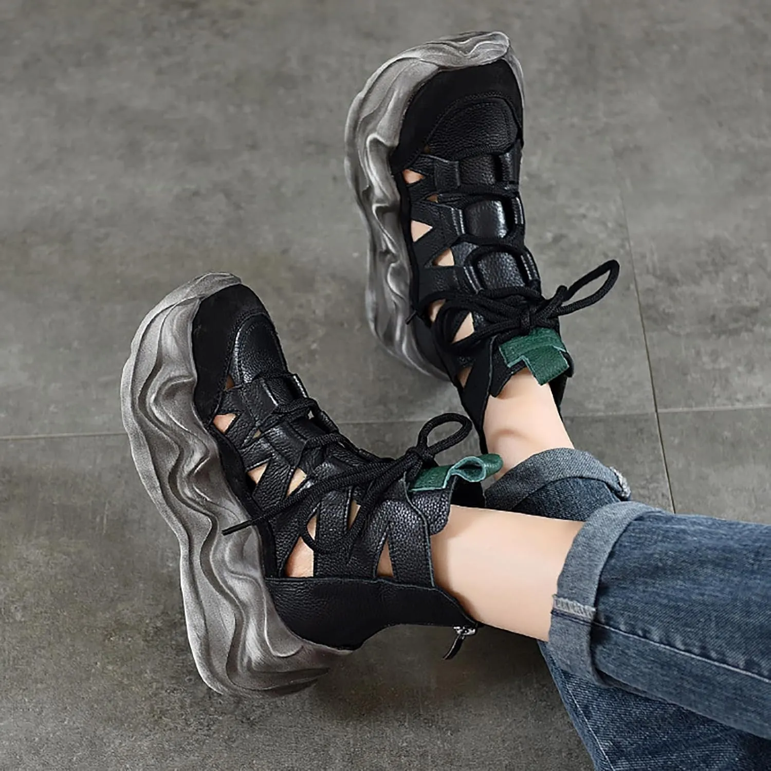 Women'S Genuine Leather High Top Platform Roman Sandals Fashion Summer Lightweight Comfort Hollow Closed Toe Lace Up Chunky Heel Casual Sandals Booties With Back Zipper