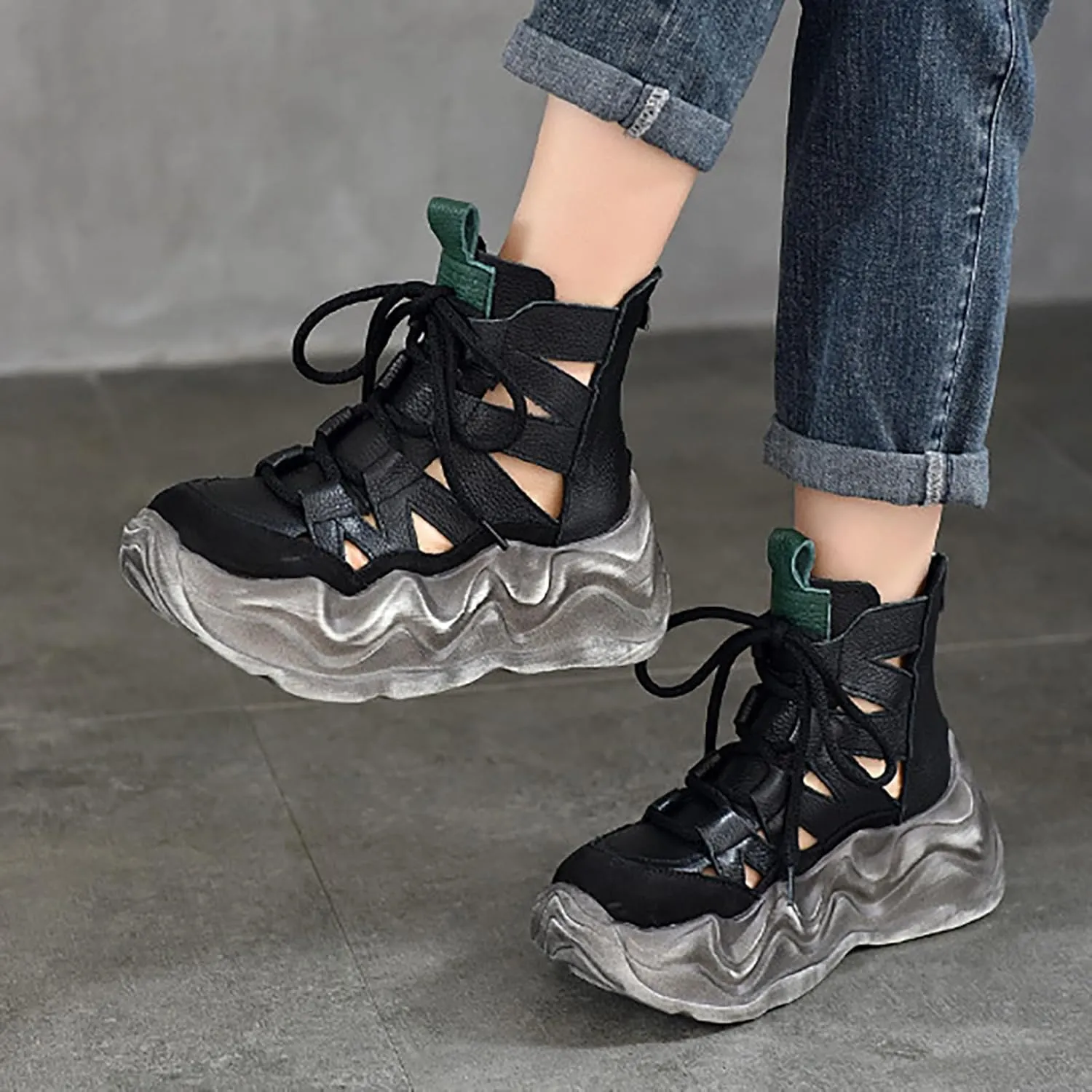 Women'S Genuine Leather High Top Platform Roman Sandals Fashion Summer Lightweight Comfort Hollow Closed Toe Lace Up Chunky Heel Casual Sandals Booties With Back Zipper