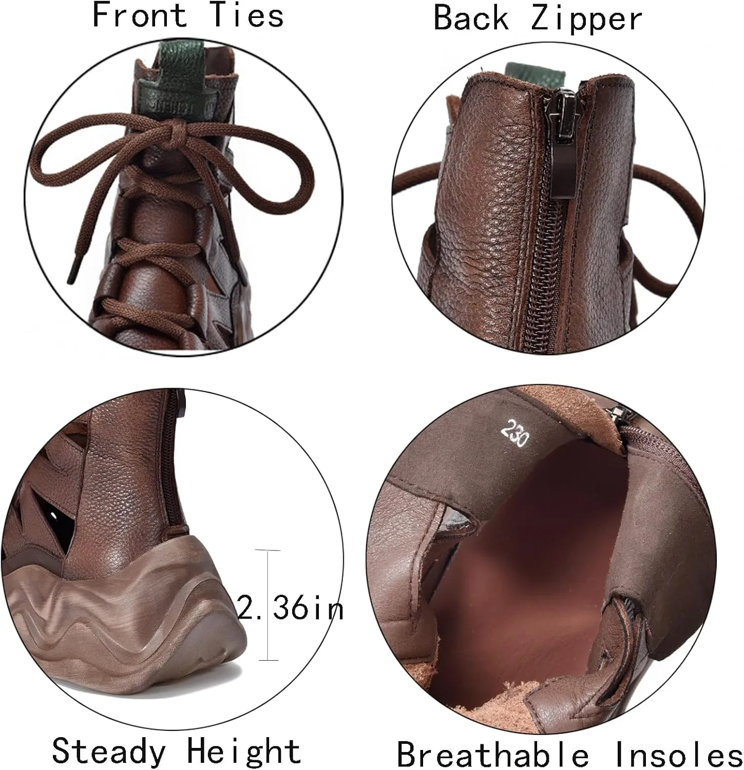 Women'S Genuine Leather High Top Platform Roman Sandals Fashion Summer Lightweight Comfort Hollow Closed Toe Lace Up Chunky Heel Casual Sandals Booties With Back Zipper
