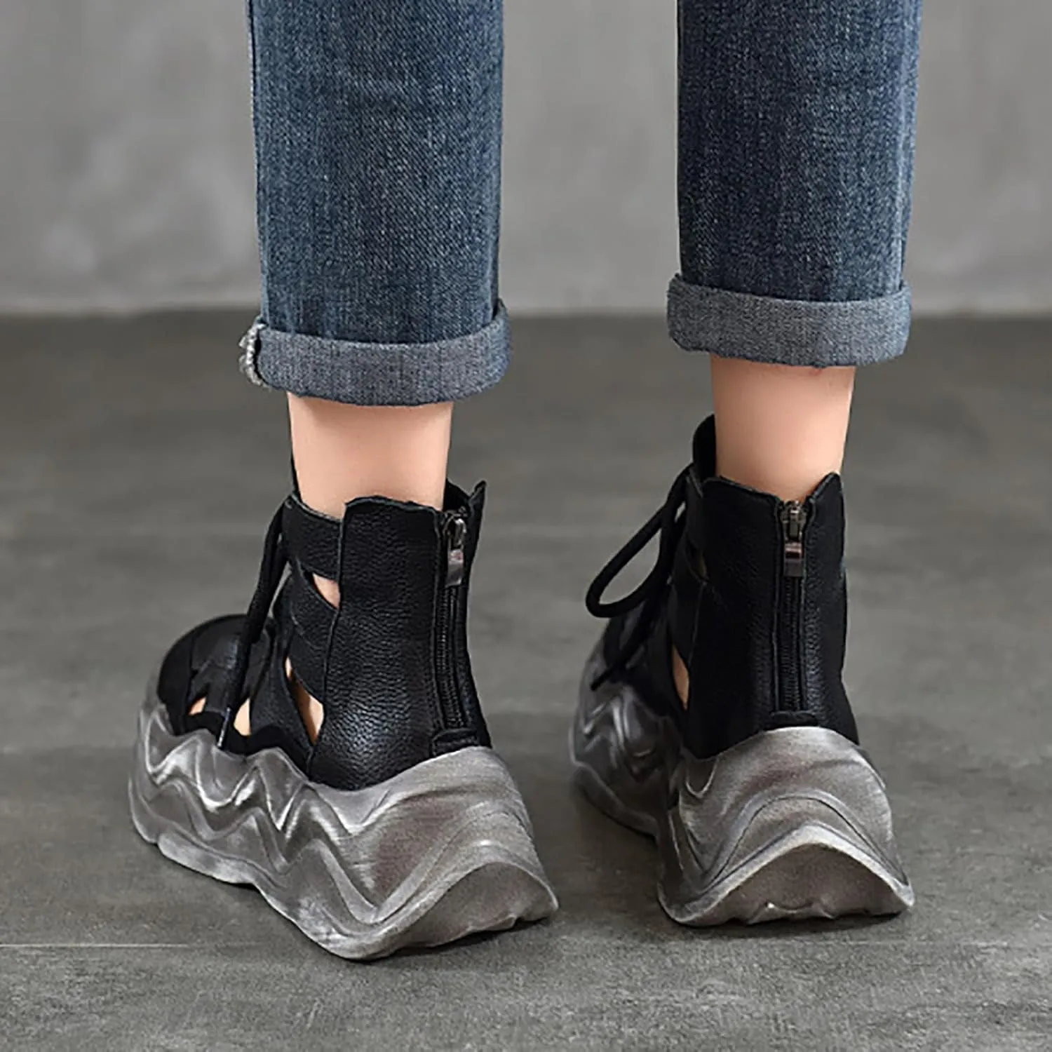 Women'S Genuine Leather High Top Platform Roman Sandals Fashion Summer Lightweight Comfort Hollow Closed Toe Lace Up Chunky Heel Casual Sandals Booties With Back Zipper