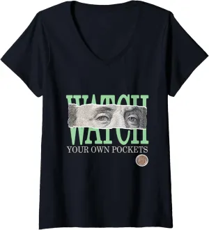 Womens Green Watch Your Own Pockets Sage Light Green Graphic V-Neck T-Shirt