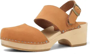 Women's Handmade Wooden Clog Mule 2.3" Open Back Leather Clogs Classic Ankle-Strap Clogs Mule for Long-Lasting Wear
