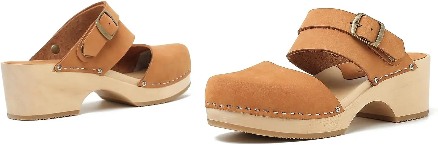 Women's Handmade Wooden Clog Mule 2.3" Open Back Leather Clogs Classic Ankle-Strap Clogs Mule for Long-Lasting Wear