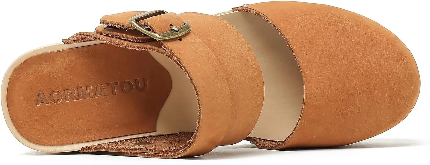 Women's Handmade Wooden Clog Mule 2.3" Open Back Leather Clogs Classic Ankle-Strap Clogs Mule for Long-Lasting Wear