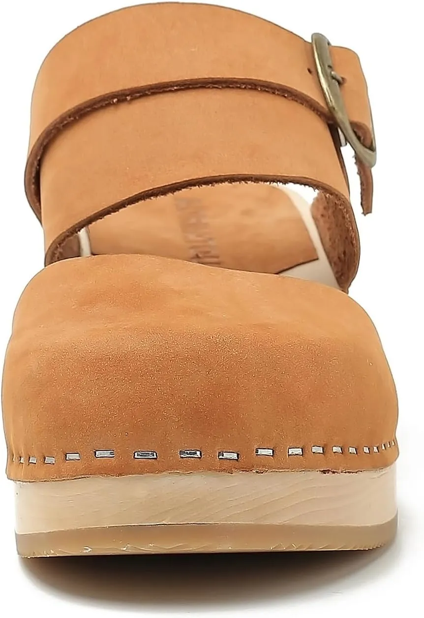 Women's Handmade Wooden Clog Mule 2.3" Open Back Leather Clogs Classic Ankle-Strap Clogs Mule for Long-Lasting Wear