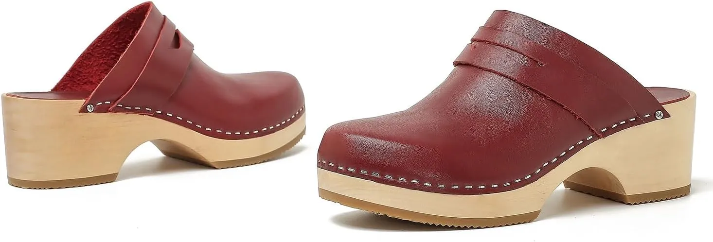 Women's Handmade Wooden Clog Mule 2.3" Open Back Leather Clogs Classic Clogs Mule for Long-Lasting Wear
