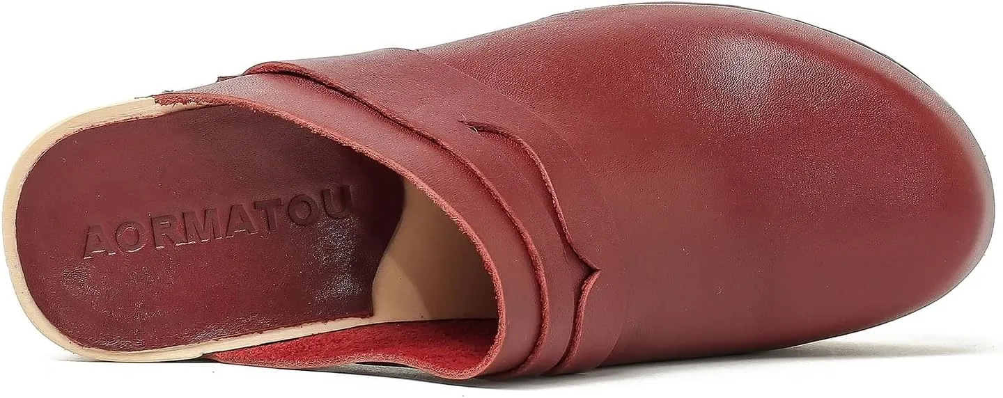 Women's Handmade Wooden Clog Mule 2.3" Open Back Leather Clogs Classic Clogs Mule for Long-Lasting Wear
