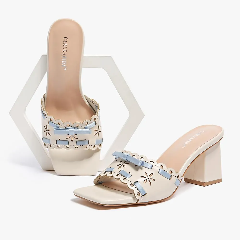 Women's Heeled Sandals Open Toe Mules Glossy Chunky Heels Casual Dress Shoes
