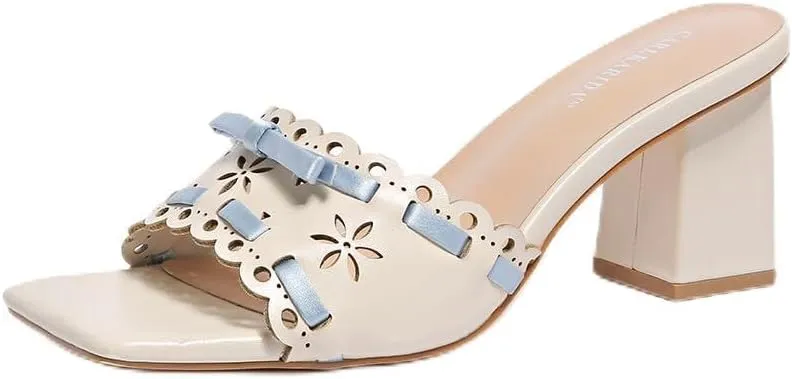 Women's Heeled Sandals Open Toe Mules Glossy Chunky Heels Casual Dress Shoes