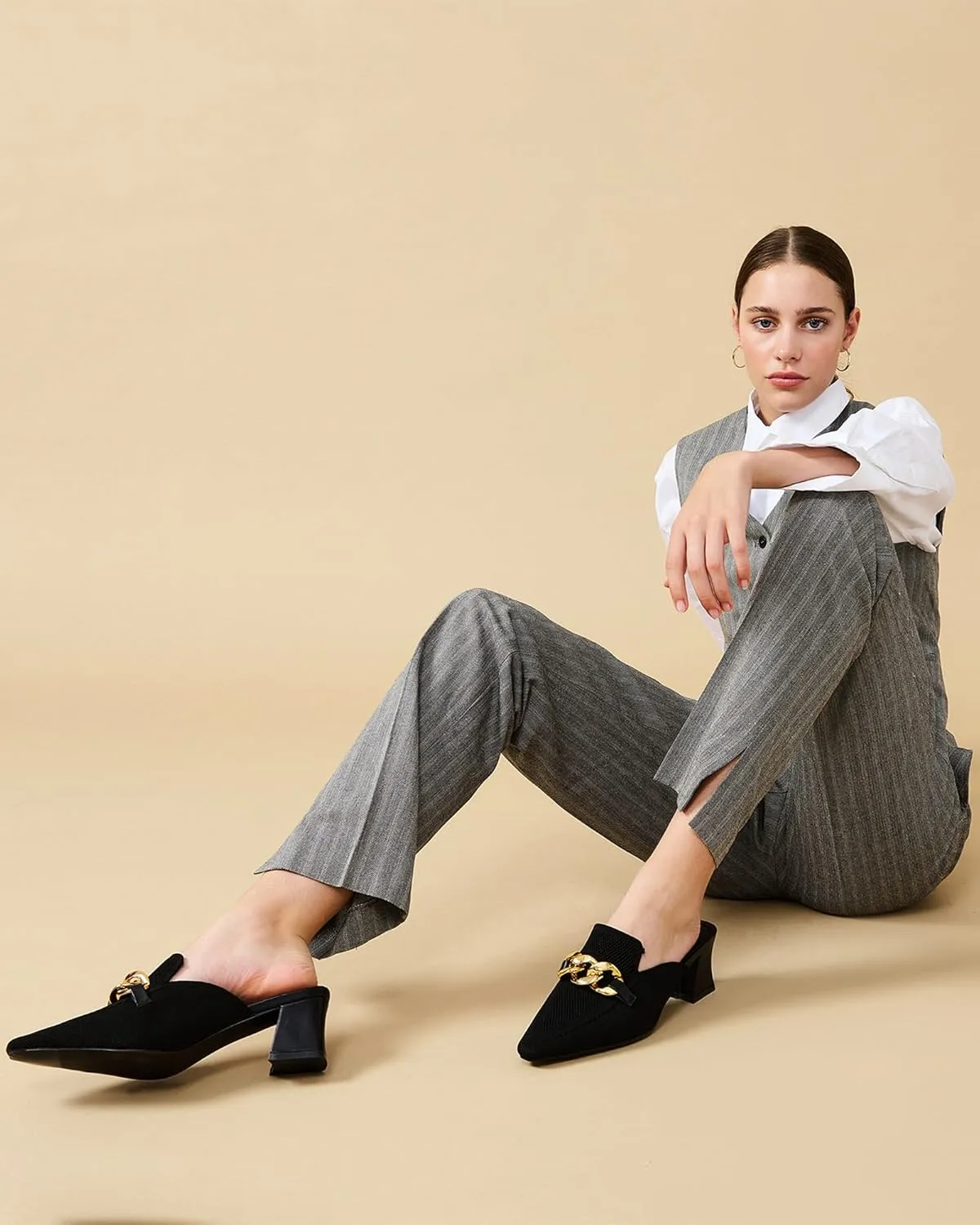Women's Knit Pointed Toe Chunky Heel Mules, Comfortable Slip-On Sandals for Business and Daily Wear