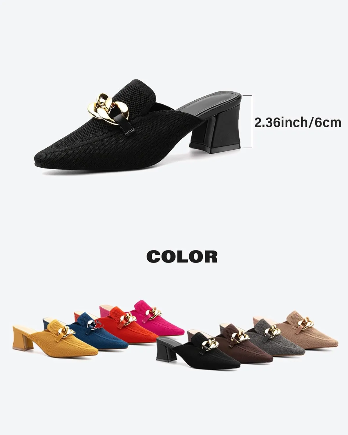 Women's Knit Pointed Toe Chunky Heel Mules, Comfortable Slip-On Sandals for Business and Daily Wear