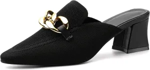 Women's Knit Pointed Toe Chunky Heel Mules, Comfortable Slip-On Sandals for Business and Daily Wear