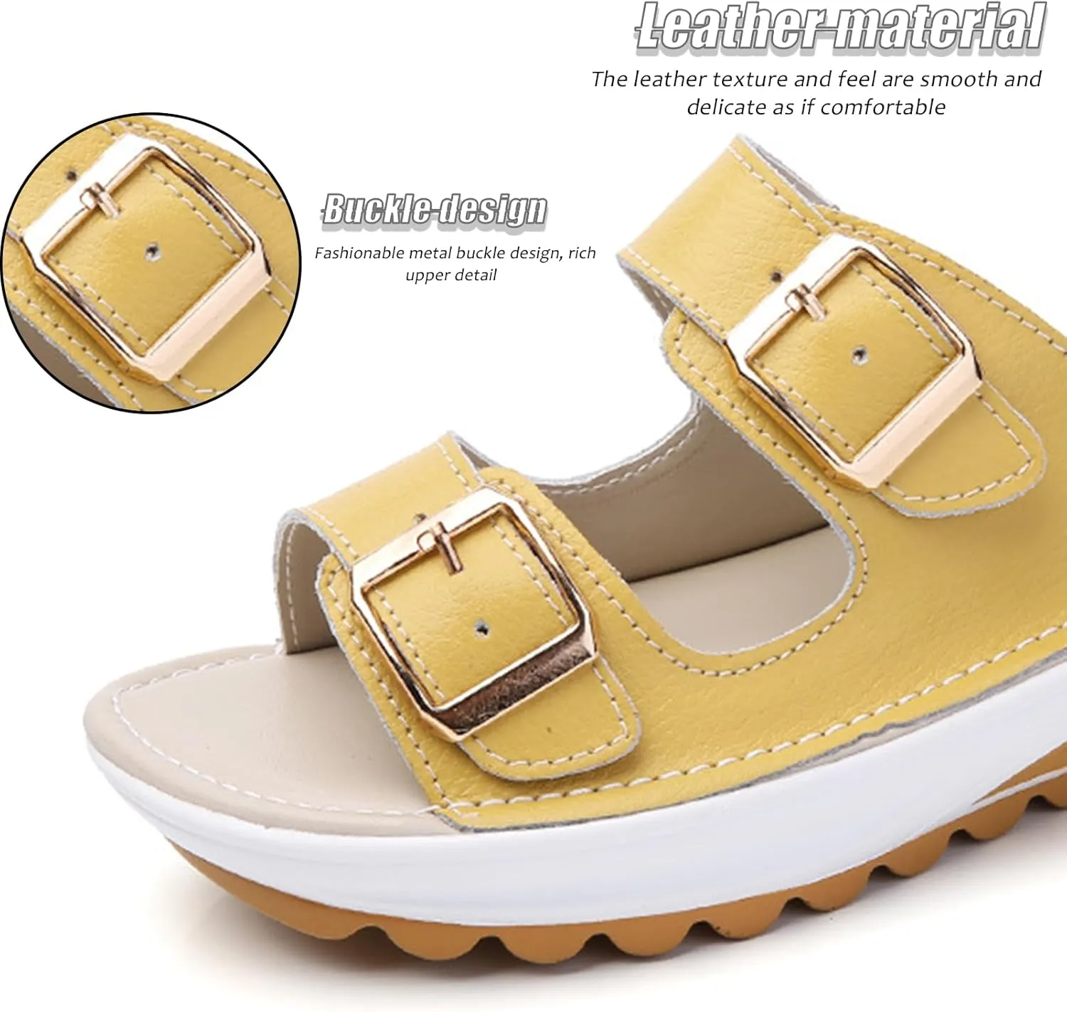 Women'S Leather Buckle Platform Sandals Breathable Round Open Toe Lug Sole Non-Slip Slip-On Walking Sandals Suitable For Beach Walks