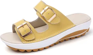 Women'S Leather Buckle Platform Sandals Breathable Round Open Toe Lug Sole Non-Slip Slip-On Walking Sandals Suitable For Beach Walks
