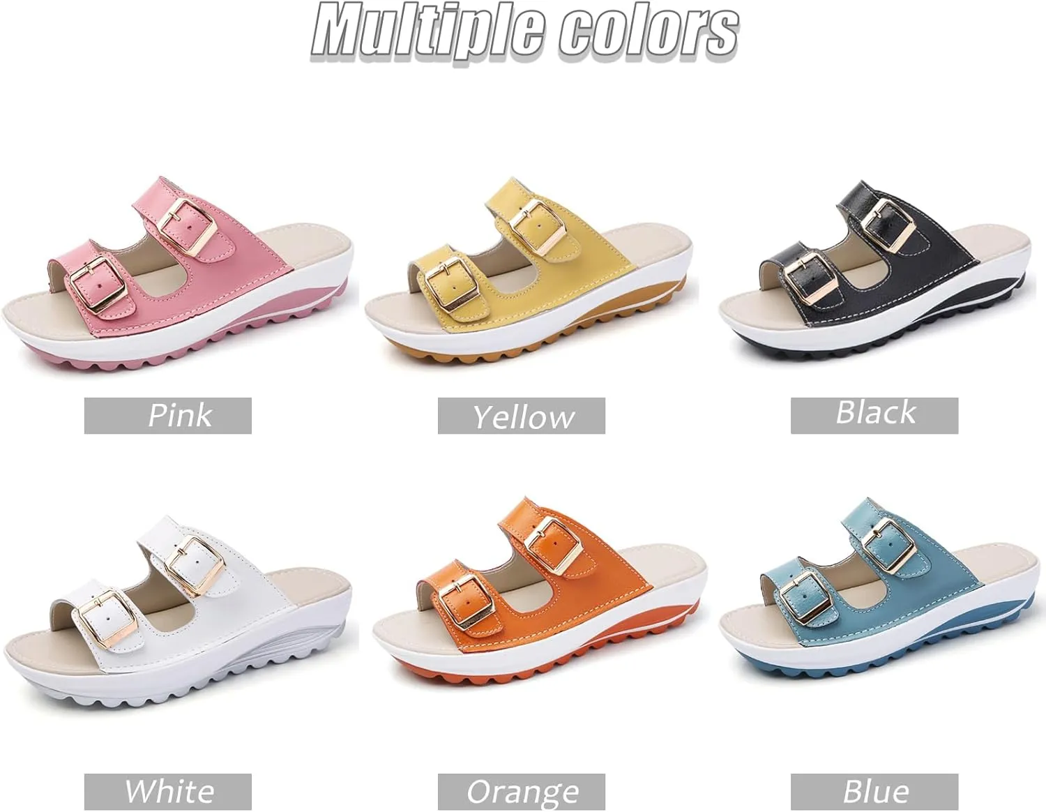Women'S Leather Buckle Platform Sandals Breathable Round Open Toe Lug Sole Non-Slip Slip-On Walking Sandals Suitable For Beach Walks
